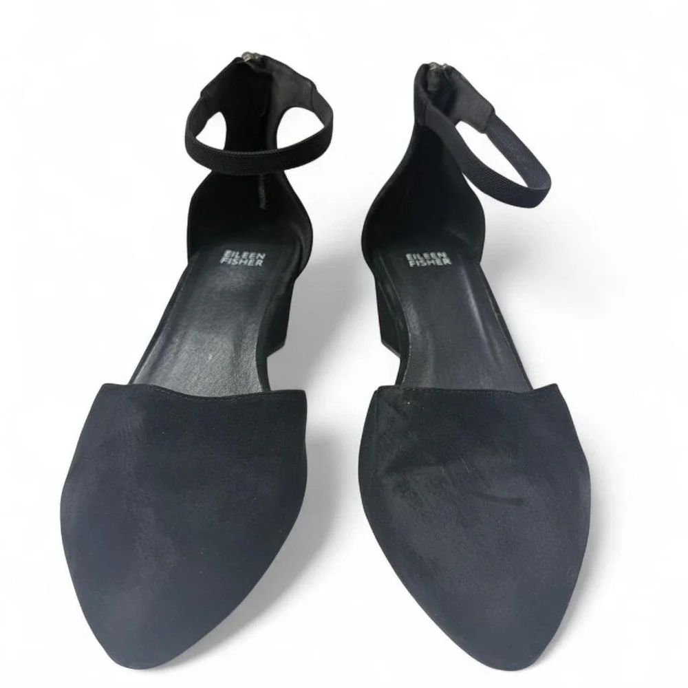 Eileen Fisher Black Suede d'Orsay Ankle Strap Heels Office siren Quiet Luxury
